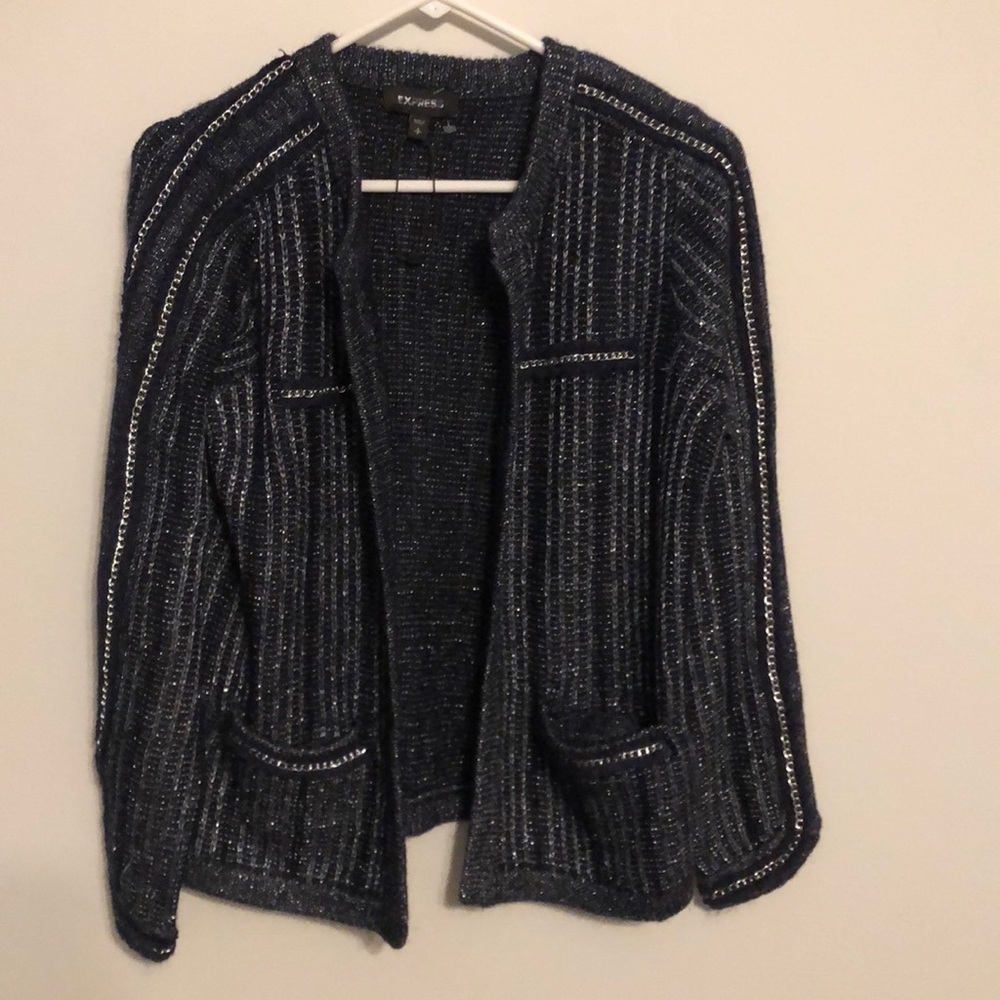 SOLD Navy Metallic Silver Chain Detail Cardigan - Picture 3 of 3